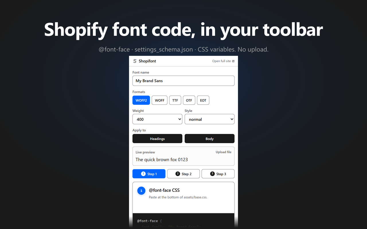 Shopifont extension popup with the font name and format toggles visible
